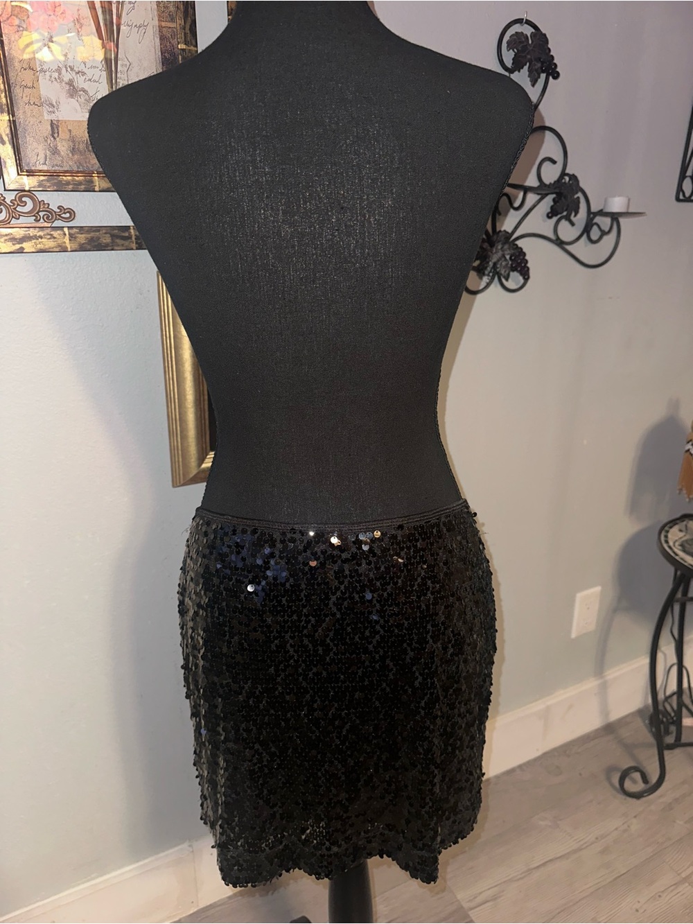 Vintage Express Black Sequin Pencil Skirt, Size M/L